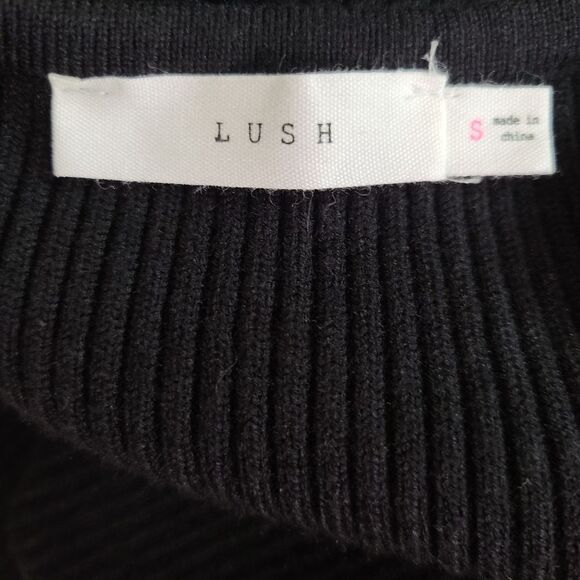 LUSH Size Small Black Knit Sweater Mini Dress 3D Floral Sheer Balloon Sleeve NWT - Picture 10 of 14